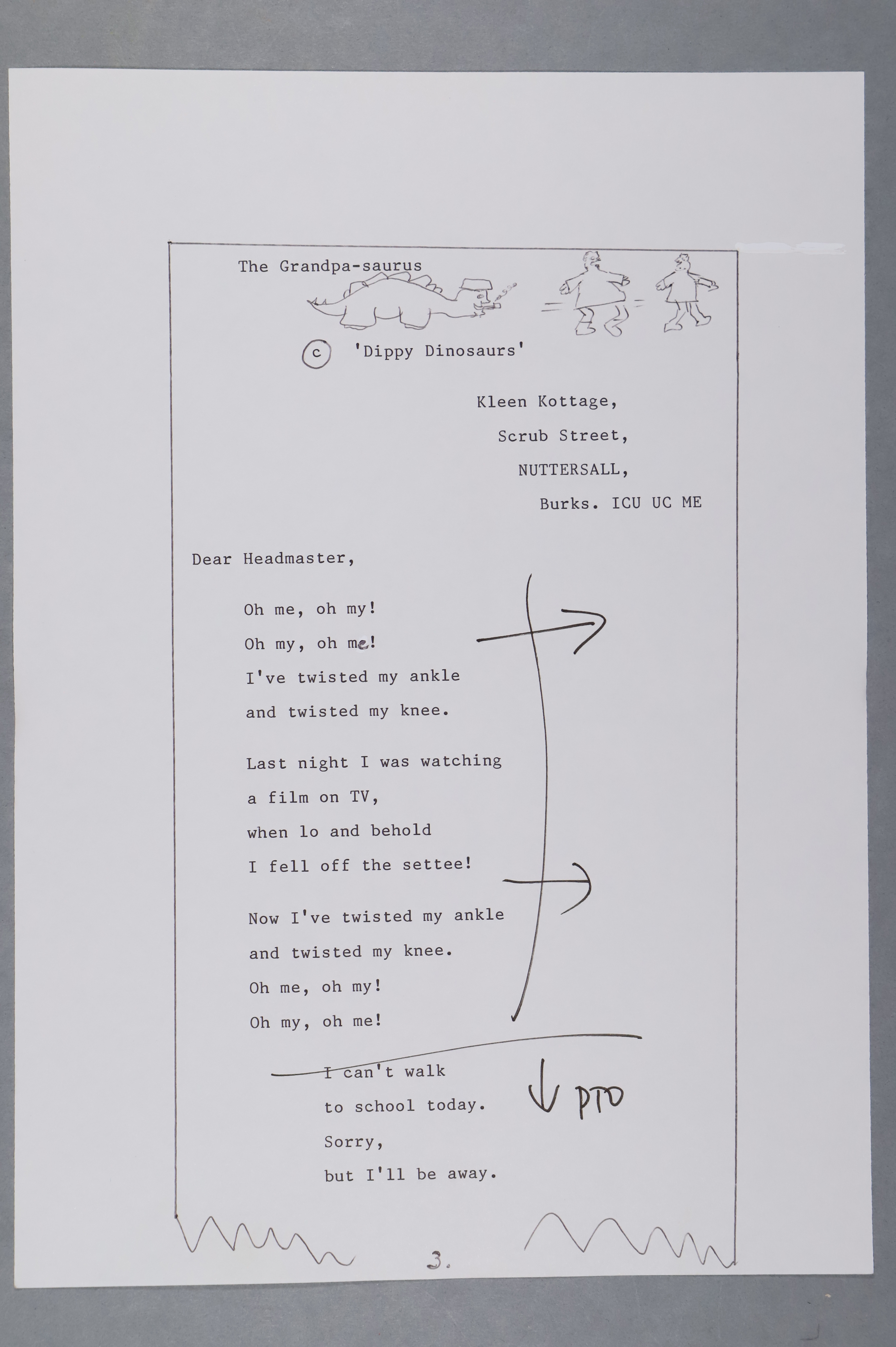 A typed draft of 'The Grandpa-saurus', including a hand-drawn cartoon of a dinossaur chasing people.